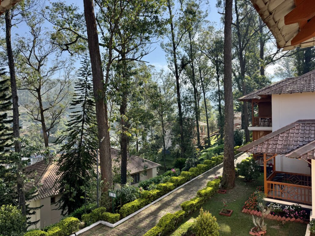 Residential garden with trimmed hedges, stone pathway, and multi-story buildings with tiled roofs among tall trees.
