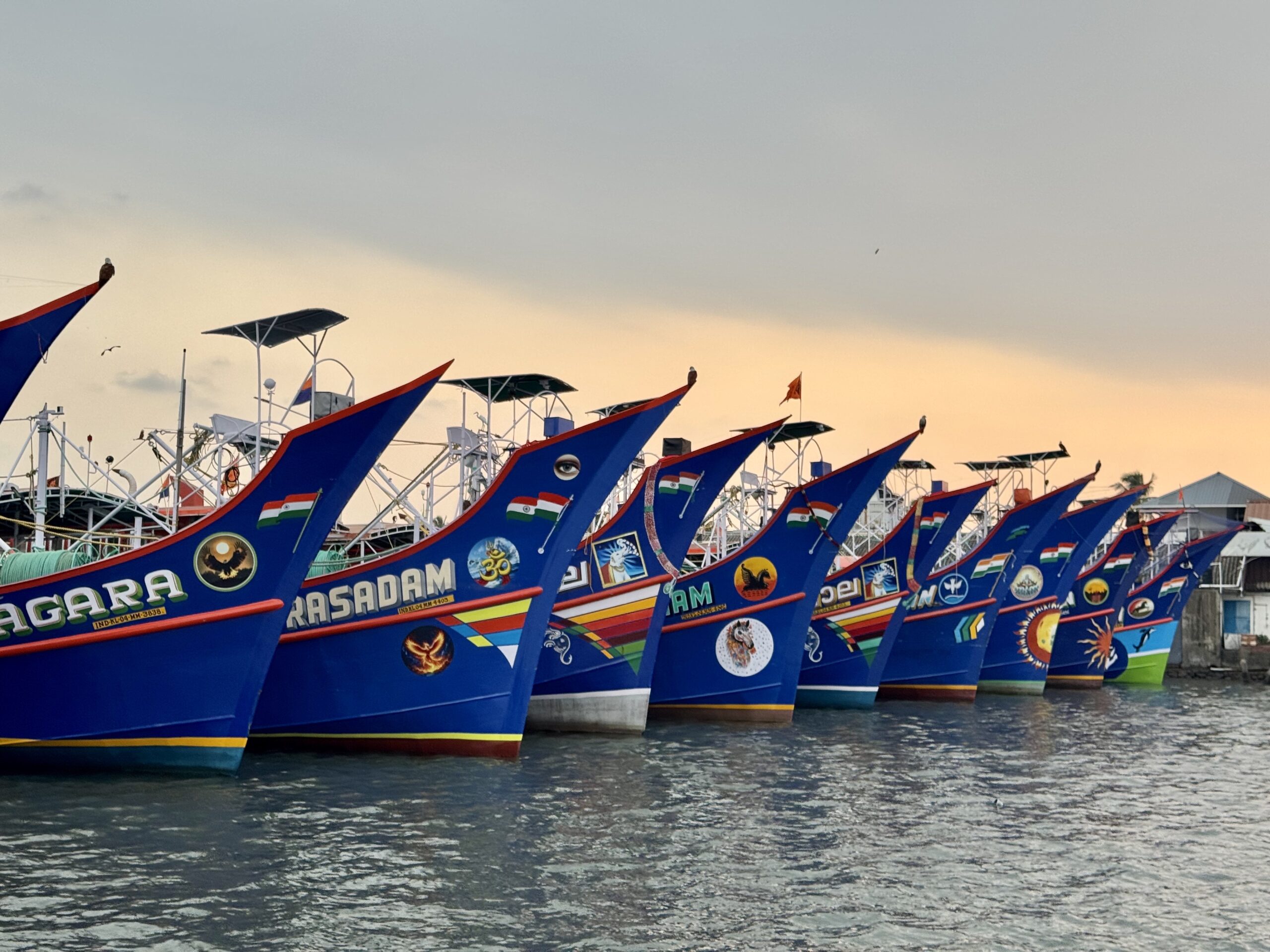 Row of brightly painted boats with Indian flags docked at the shoreline at sunset.