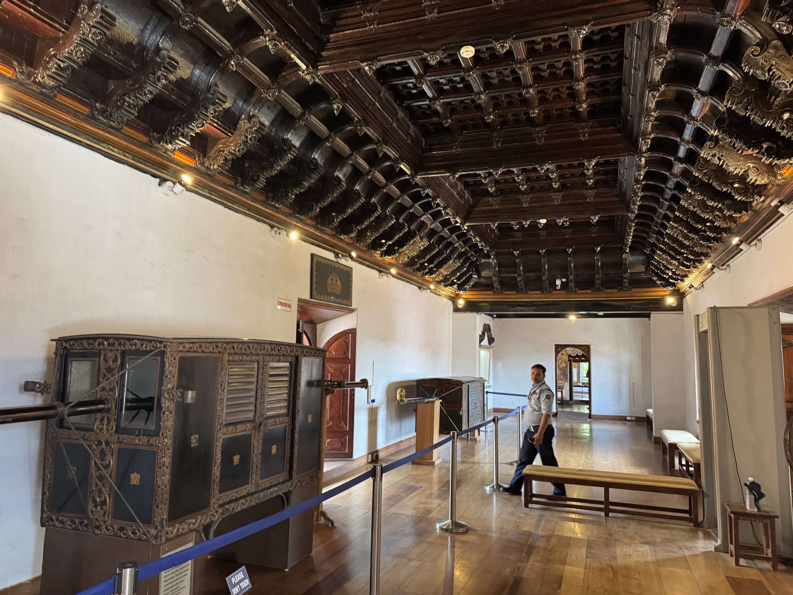 Ornate dark wooden ceiling with intricate carved panels in a museum gallery, beside an antique display cabinet on the left.