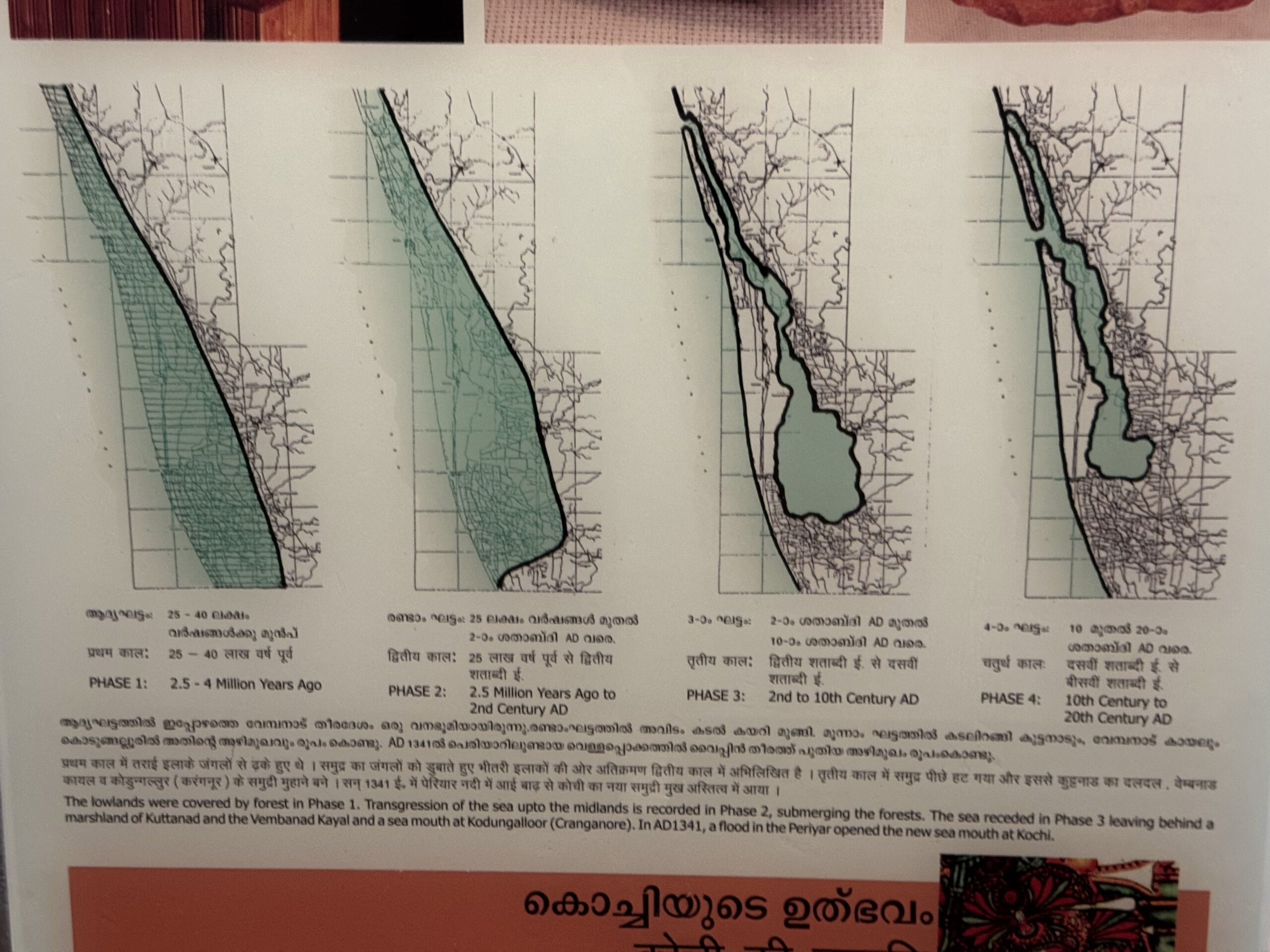 Four map panels on a newspaper page show coastlines shaded in green, illustrating historical sea levels with multilingual captions below (Malayalam/English).